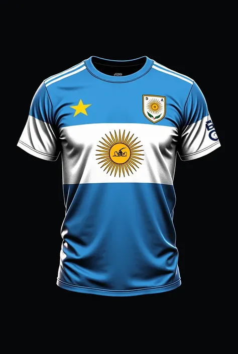 Argentine flag as a t-shirt, the goat, 3 stars black background,  soccer ball 
