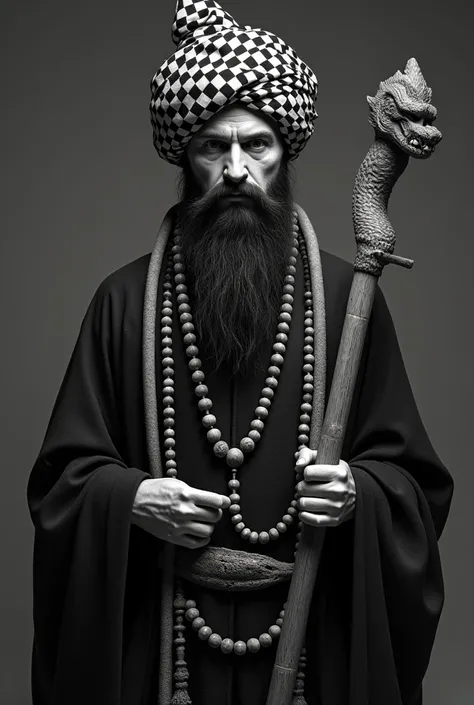 black and white checkered turban, combined with wooden prayer beads and a wooden stick with a dragon head handle, real pics high quality