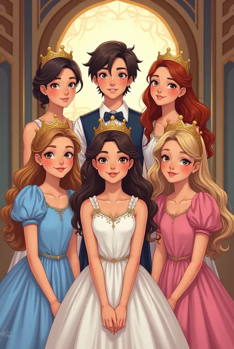  Create a royal year book photo illustration with 5 teenage girls wearing simple crowns 2 wearing light blue princess dress and 2 wearing white dress, and 1 wearing a pink dress and 2 teenage boys wearing changing vests with human images 