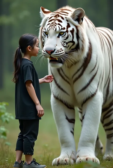 A girl dressed in black casual is playing alongside a large white tiger