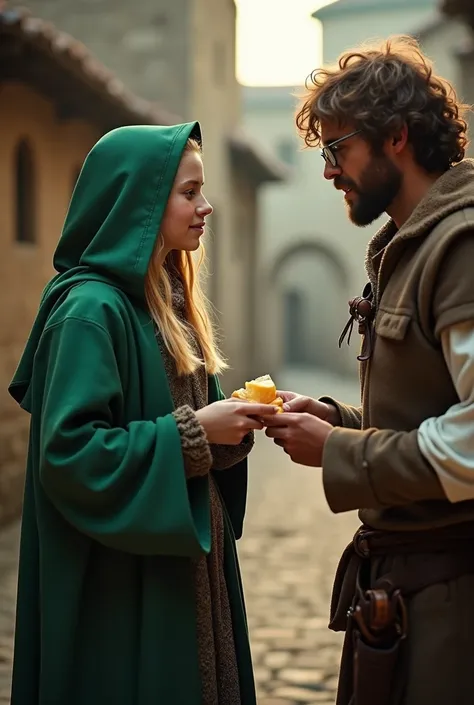  Girl with a green hood that covers her face and only a few blonde locks stand out.  The girl offers a piece of bread and cheese to a merchant of about 25 years old , Taller than her short beard, glasses and light brown hair ,  BOTH COME IN MEDIEVAL DRESSE...