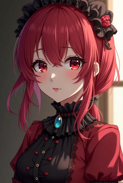  Draw for me an adult woman , anime version, She wears Victorian clothes, red and black,  she has red hair with white tips, her eyes are light burgundy ,  her expression is serious and melancholic 