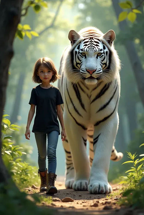 A girl dressed in black casual is walking alongside a large white tiger