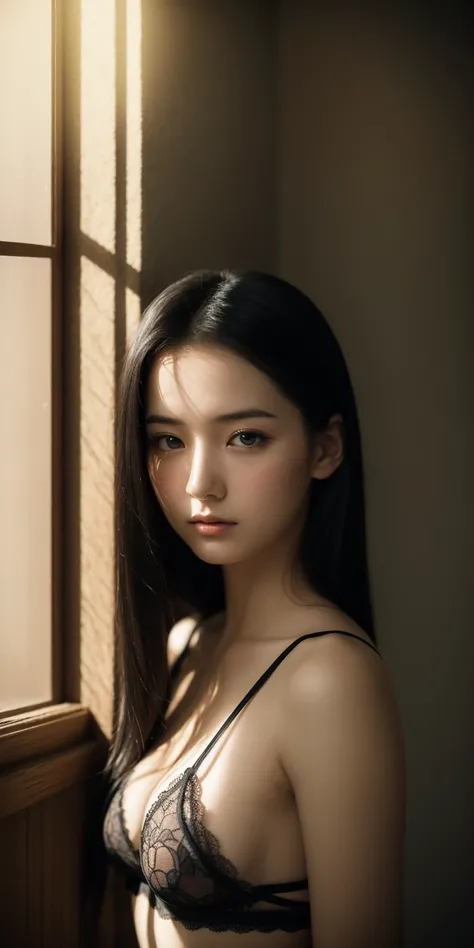 "An artistic anime-style illustration featuring a young woman with long, straight black hair. Her expression is soft and introspective, with a hint of vulnerability conveyed through her slightly flushed cheeks and downcast eyes. She wears a loosely unbutto...