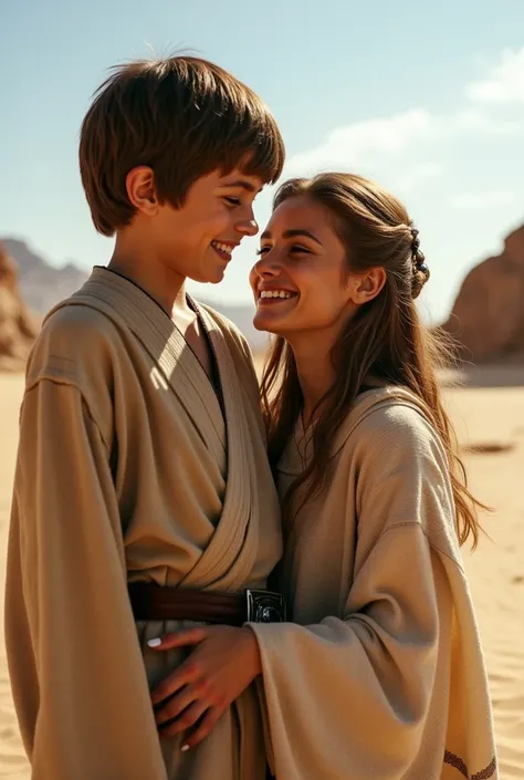 A nostalgic scene depicting young Anakin Skywalker and Padmé Amidala sharing a moment of innocent love, set on the sandy dunes of Tatooine. The warm sunlight casts a golden glow, capturing their youthful expressions filled with wonder and joy. Anakin is we...