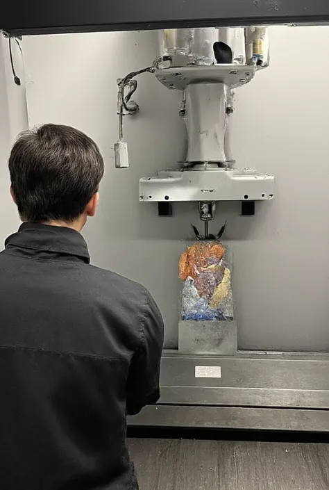 a C.N.C. vertical machining center. carrying out a machining process of a steel plate, seen inside the machine from a corner, and a 20-year-old girl in an industrial uniform programming the machine in Fanuc control