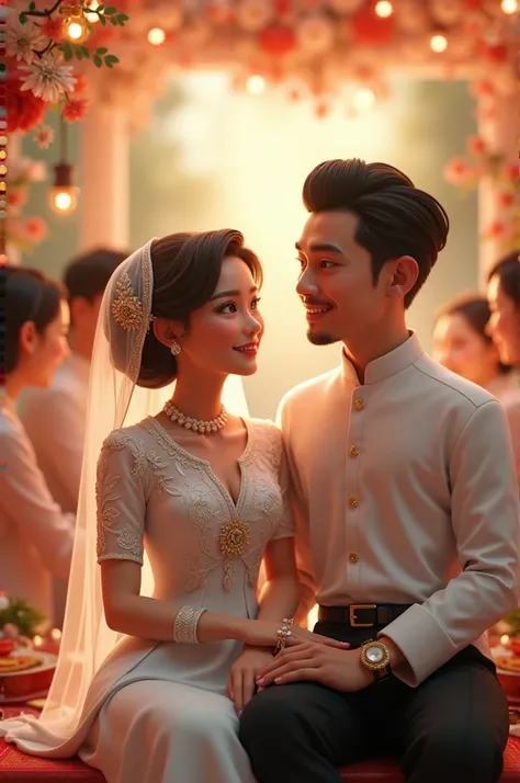 

 Create a human-like image  ... of a Malay woman with an oval face shape,  has brown gold hair and wears a white veil on his head .  She wore an elegant white kebaya dress and sat on top of the mini pelamin ,  while showing a beautiful jewel ring shape o...