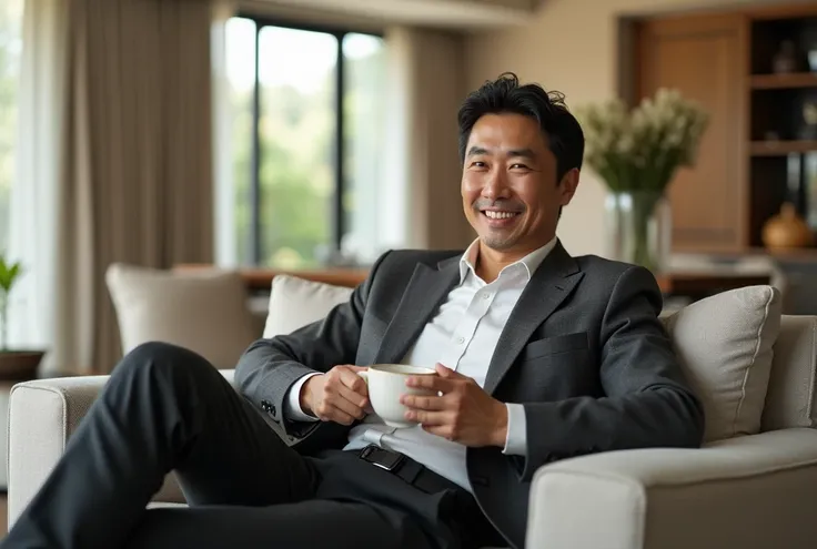 A realistic photo of a successful Japanese businessman relaxing on a luxurious, modern sofa in his upscale home during midday. The man is wearing stylish, casual clothing, exuding confidence and satisfaction. He is holding a cup of coffee with a calm, cont...