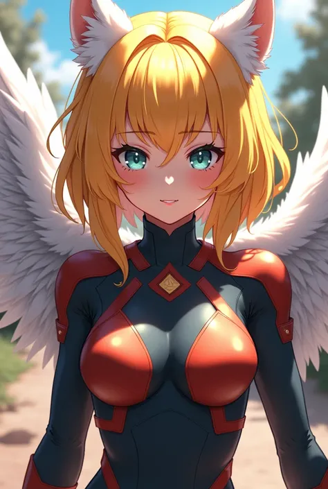 Anime girl, yellow hair with white locks,  white wings on the top and black on the bottom,  a hero costume like those in the anime My Hero Academia 