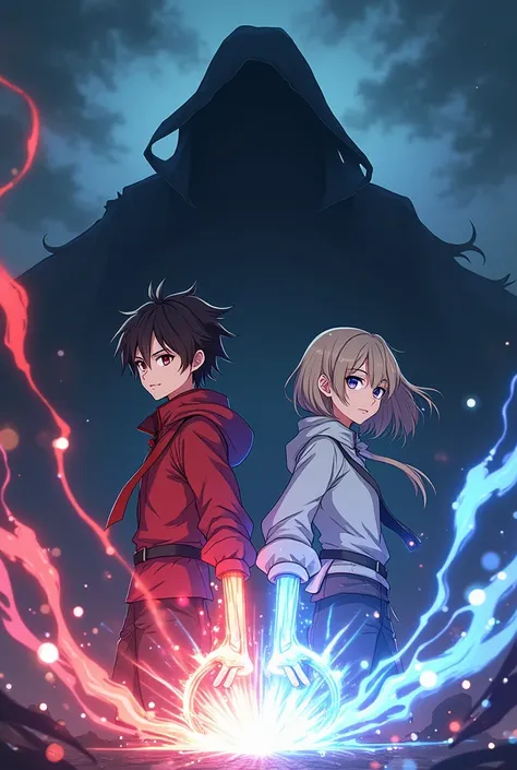 I want a 17-year-old boy and girl side by side with a shadow behind them anime-style with magic power battle pose