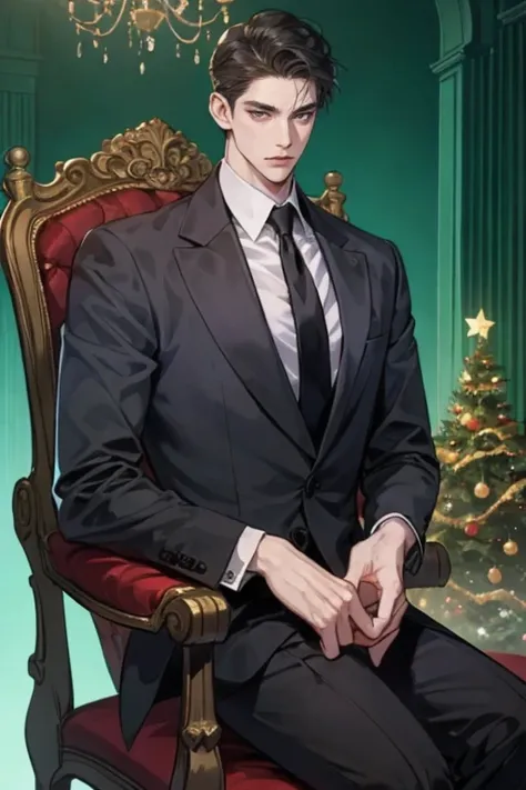 ((One young man with a black suit and tie)), gotham, alejandro, (((side swept dark short hair))), (dark green eyes and thick eyebrows), smirk, ((20 years old)), ((masterpiece)), posture dynamic, ((cinematic lighting)), (height tall around 5 foot 6), sittin...