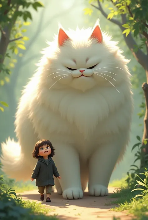 A female toddler dressed in black was walking alongside a large bushy fluffy white cat