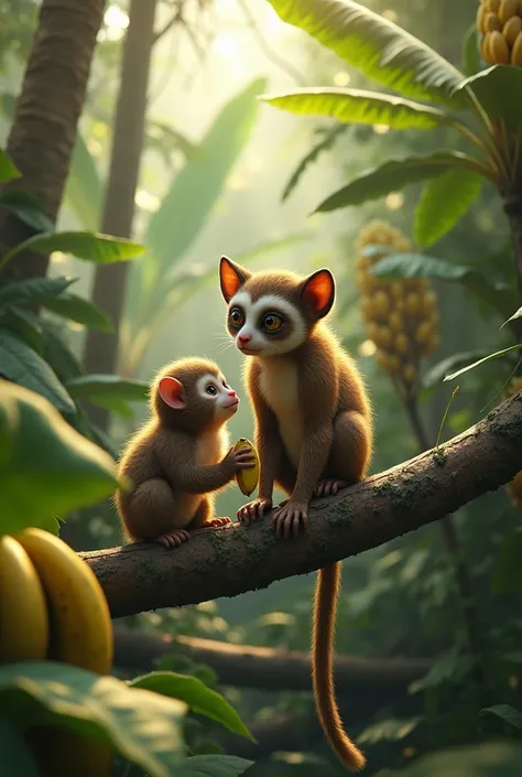 3D two animals namely slow loris and monkey in the forest with banana trees behind them