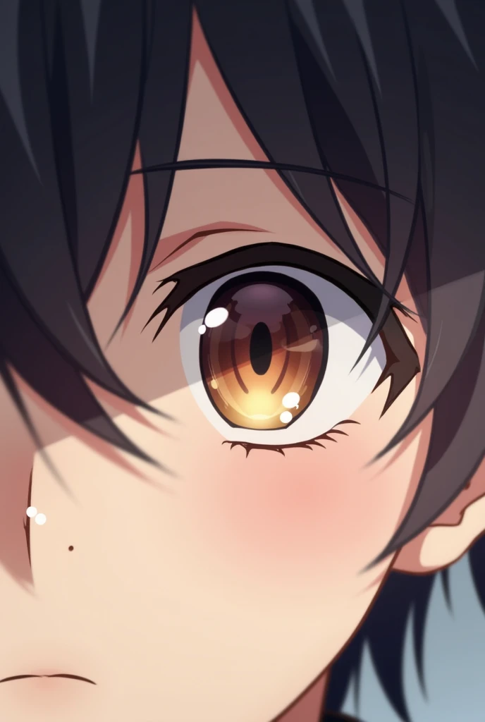 The scene of an anime mans sleepy eyes, a close-up of the eyes only in an anime style