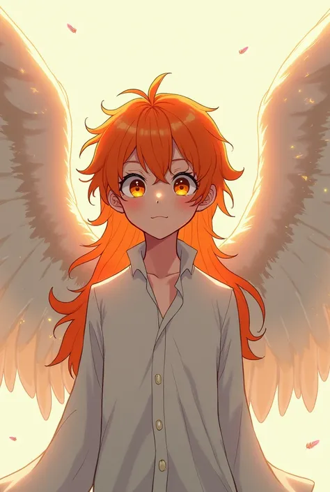 Create the image of a cartoon character with long, orange hair with large, open angel wings who is an anime-style man