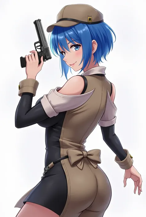 Blue haired anime with squats, short hair, detective dress, big breasts, straight to the chest, open the shirt, hold a pistol in one hand, hold a pistol in one hand, hold her face, long hair, bow her face, look, smile, eyes.