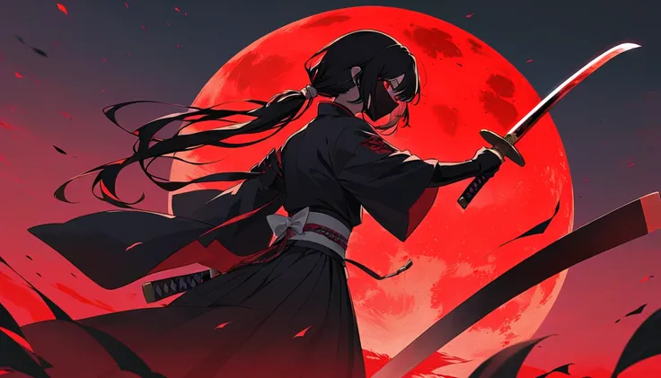 Demon Slayer ****riichi Tsugikuni。silhouette，There is a red moon in the background、Show me the sword、The color is black.、No Face，The world cut at an angle，red eye