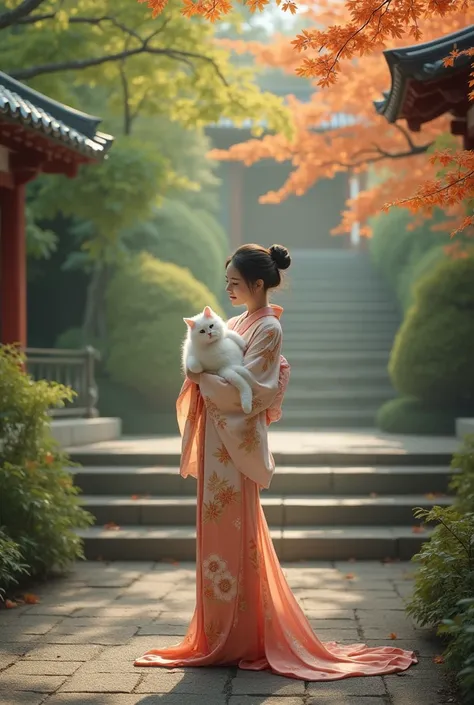 Realistic, The theme is "Cat on the Stone Steps ",  A woman in a kimono is standing on the stone steps of a Japanese temple , A woman is holding a white cat on her chest , Its a cute cat ,  Its a refreshing early summer day with fresh green maple leaves bl...