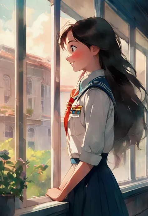 A girl in uniform looks out the window of the school building, blushing as she sees her first love in front of her and smiles shyly but happily, The focus is on the girl, The outside view reflected in the window of the school building, Illustration art wit...