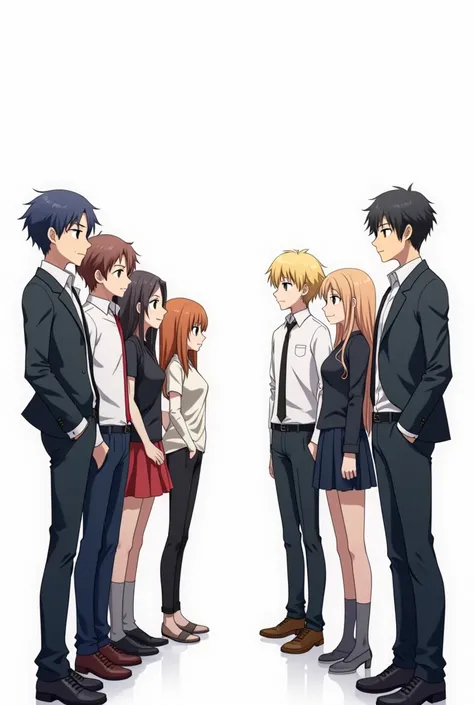 4 men and 3 women standing in a row facing each other - white background anime