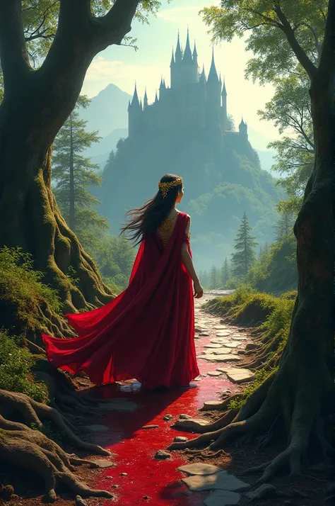 A woman dressed in red long robes and gold jewels in a winding walkway through a forest to a castle at the top of a mountain blood at the base of the castle