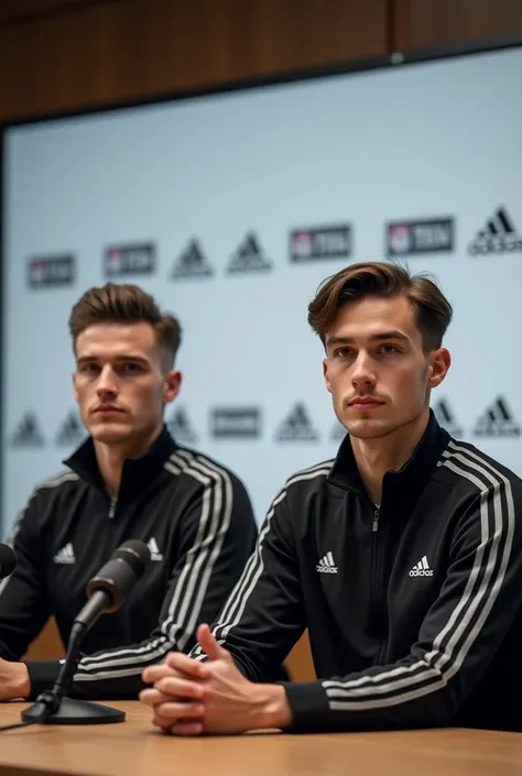  Design an image showing two 25-year-old American men at a press conference with the following characteristics :

 mens appearance :
Age: Both are 25 years old .
Quick: clara,  with facial features typical of young American men .
by:  Both have short brown...