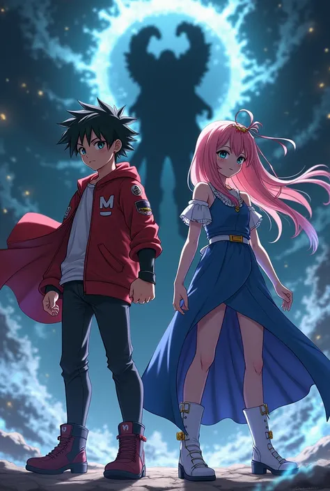 I want a 17-year-old boy and girl side by side with a shadow behind them anime-style with magic power battle pose