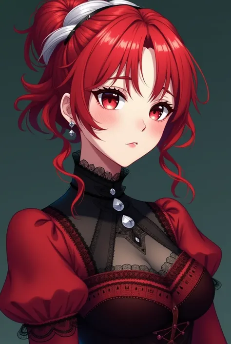  Draw for me an adult woman , anime version, She wears Victorian clothes, red and black, She has red hair with white tips and has a hairstyle, her eyes are light burgundy , Your face has a serious and melancholic expression