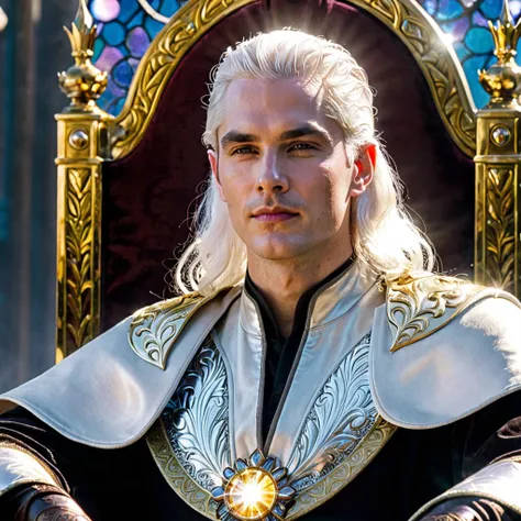 A man with white hair and very fair skin, shining on his glorious throne.. 