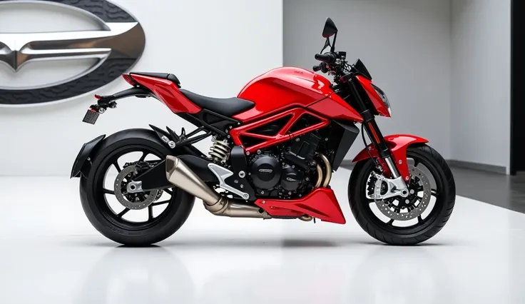 A full attractive hd photo of new 2025 Buell Super red color of exterior. A white shiny showroom background logo on the wall. A bike with back  right side view of vehicle.