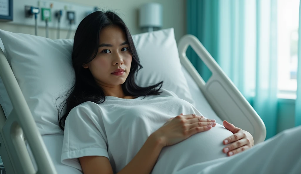 {
"prompt": "A hyper-realistic portrait of a 30-year-old Indonesian woman, pregnant, with a serious expression, lying in a hospital bed. Her long black hair is styled neatly, and her striking facial features are captured with intense focus. Her eyes are sh...