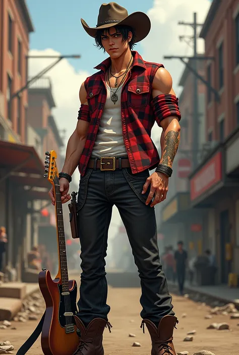  Tall young man short hair, Outlaw Rocker style look ,  sleeveless checkered lumberjack shirt in green and white, black jeans, Texana brown boot , cowboy hat,  Stratocaster anime guitar 