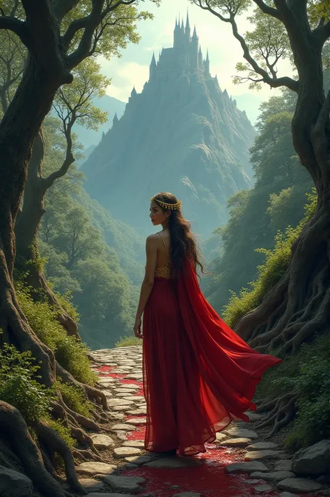 A woman dressed in red long robes and gold jewels in a winding walkway through a forest to a castle at the top of a mountain blood at the base of the castle