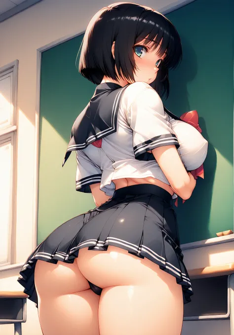  The Best Quality ,  source _anime,  Masterpiece, NSFW, White anime woman with short hair and bob cut with medium breasts ,  thin waist and big ass dressed in school uniform with short skirt hugging and kissing an anime boy with black hair and black clothe...