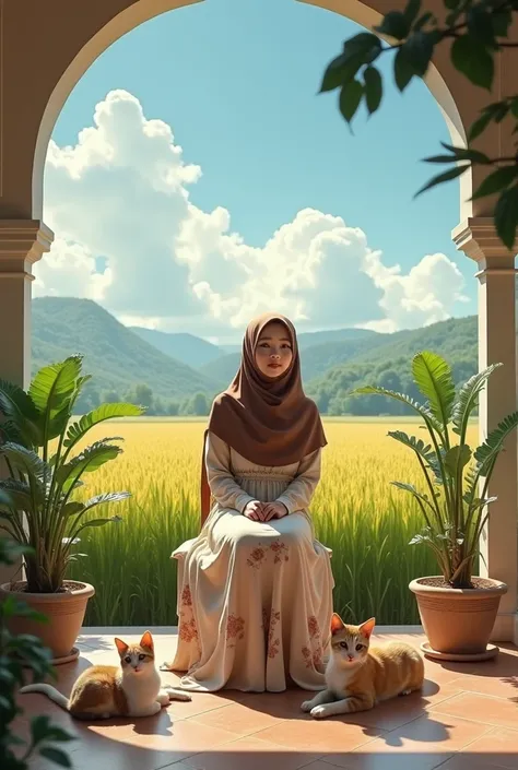  a malay girl,beautiful & charming, brown hijab  , long dress cream floral pattern2 brown , sitting on a chair in the courtyard of a house near a vast rice field, five Parsi cats on the floor,  blue sky and clouds visible , vivid,  ultra HD and very shiny ...