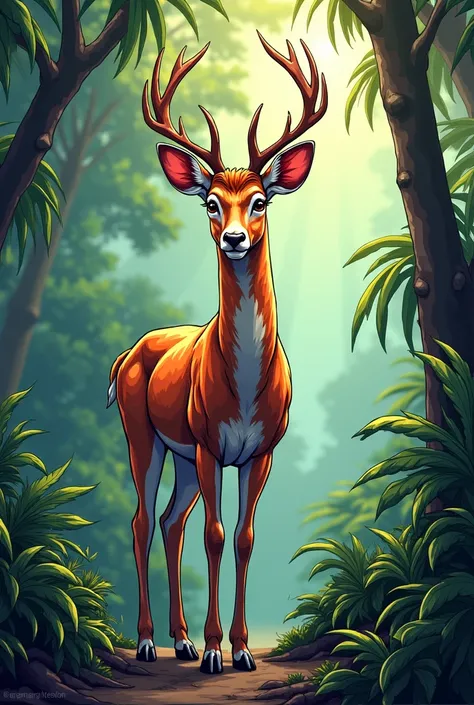 Realistic and colorful comic art style image of a beautiful deer with beautiful fur in the jungle.