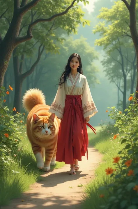 A woman dressed in a kameja is walking alongside a big, bushy cat