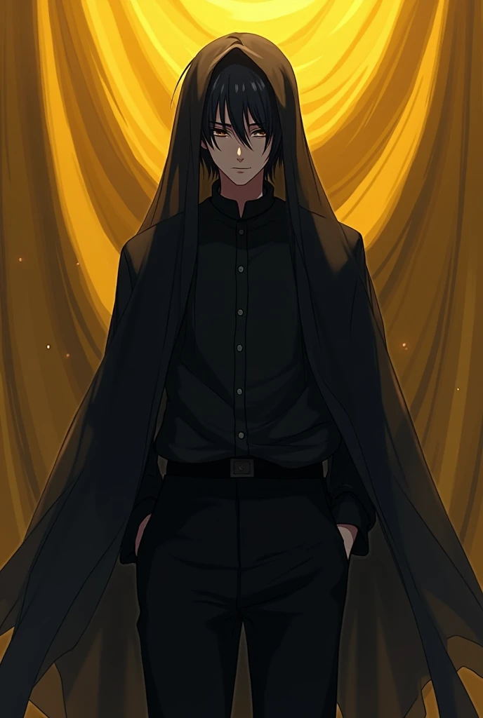 Man wearing black shirt, black hair, black pants wearing black veil, yellow cover, anime
