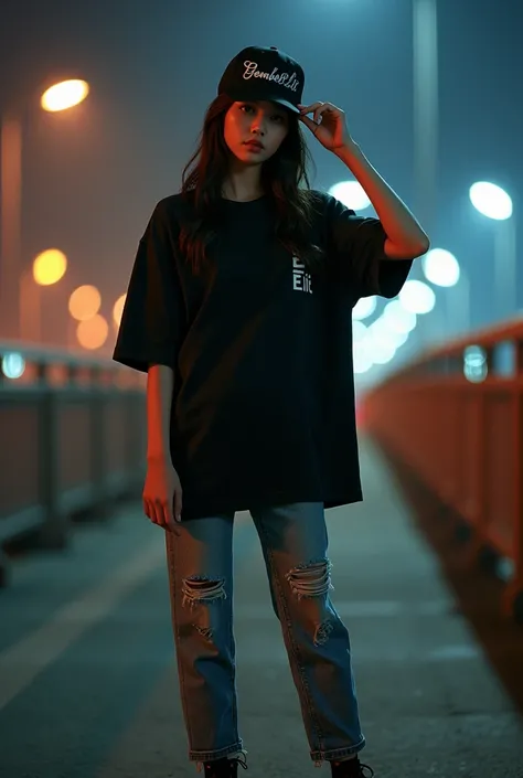  Beautiful Korean woman wearing black t-shirt image of ferocious cat,  ripped jeans , hip hop hat inscribed Gembel Elit , vans brand sneakers stand full body with finger style holding the edge of the hat facing the camera ,  corner background of city bridg...