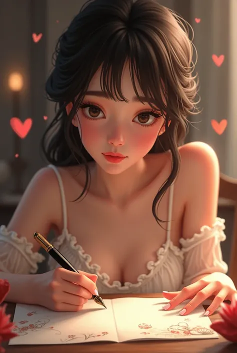 Romantic and nostalgic girl, A girl is using a fountain pen to write a love letter on a piece of letter paper with cute illustrations around it. Thinking of a loved one. Heart effects flying all over the place. Drunk eyes, beautifully detailed eyes, beauti...