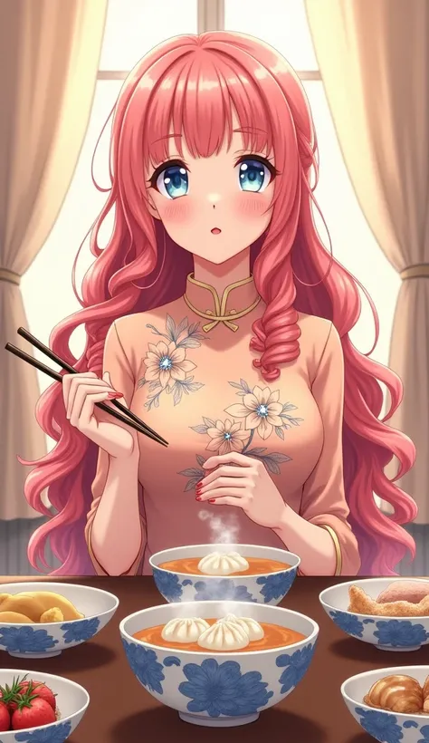 An anime-style illustration depicts a cute .

Description:
Appearance:
She has long, pink curly hair styled with straight bangs, highlighting her delicate and charming facial features.
Her fair skin and soft red lips add a touch of warmth and tenderness.
O...