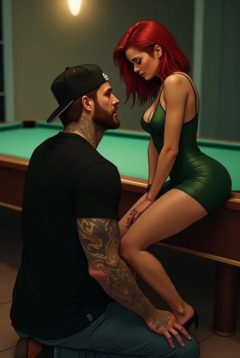  I kneel on the floor in front of her ,  Im wearing a black t-shirt with tattoos on my arms ,  with a cap turned back , She is in front of me wearing a green dress that marks her curves, Your hair color is shoulder-length red and I kneel in front of you an...