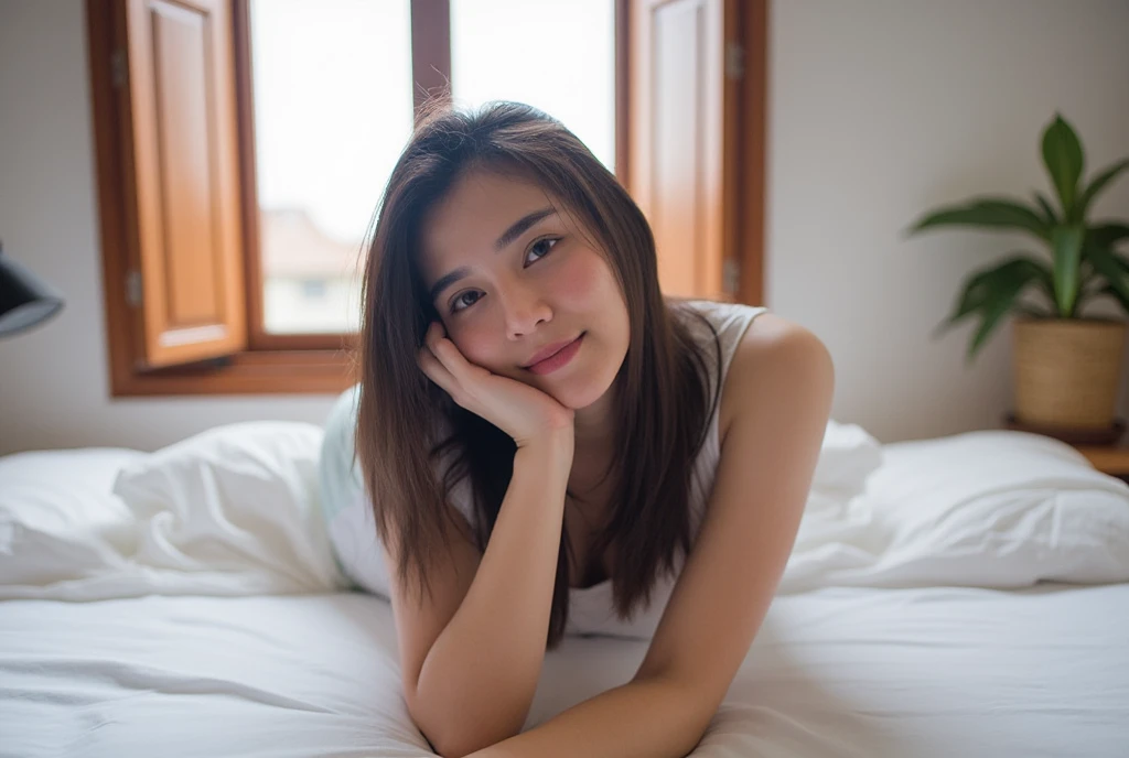  A woman with dark hair and a serene expression sits on a bed in a softly lit room. She is positioned in the center of the frame, her body facing the camera while her head is slightly turned to her left. The bed she sits on is covered with a crisp white sh...