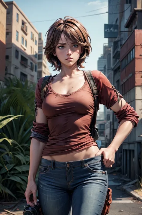 nsfw,  masterpiece , 1.4 Top image 4K, ellie the last of us,  brown hair ,  red shirt,  dark blue pants , Rendering in an apocalyptic city, showing panties,  ultra realistic ,  wallpaper 4k , EnvyBetterHands LoCon.