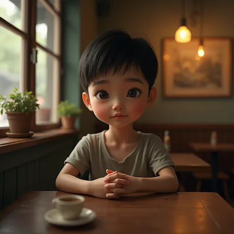 A Vietnamese boy with beautiful eyes, with a high nose, short hair, is in a cafe 