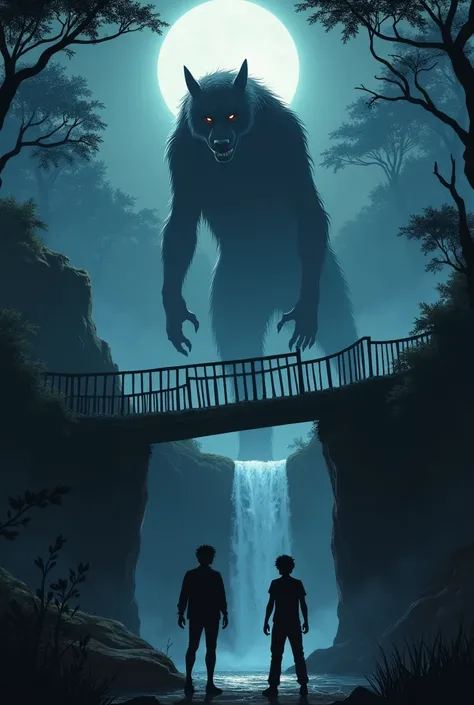 A terrifying mythical creature resembling a werehyena from West African folklore is emerging from the ground. It is monstrous, with black eyes, sharp claws, and a towering, menacing appearance.

The scene takes place at night in a dark, eerie forest with c...