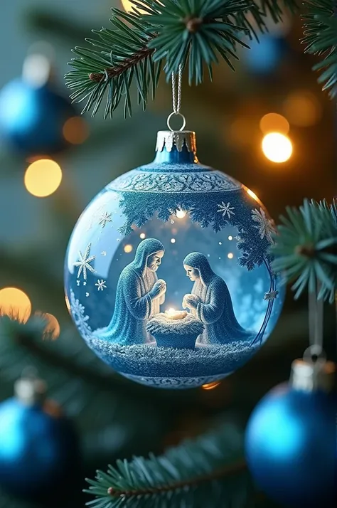 błyszcząca,  blue Christmas tree ball hanging on a spruce branch .  The Christmas ball is decorated with delicate ,  with a white pattern and surrounded by spruce branches and small ,  with blue balls .  Inside the bauble there is a Christmas scene : Josep...