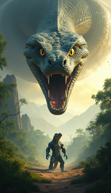 A separate digital image of a prehistoric big (cobra ) above and a wild (crocodile ) below.  A wild ,(crocodile ) stands against a green forest landscape . A large (cobra) with sharp teeth,  with strong eyes with yellow stripes and a savanna in the backgro...