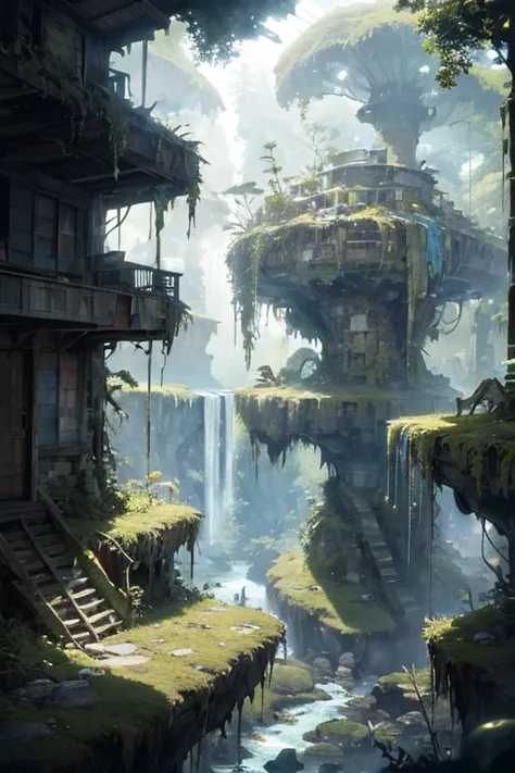 A post-apocalyptic sanctuary in the Andes highlands, where the Amazon jungle and ancient glaciers converge. Towering moss-covered trees with glowing bioluminescent vines illuminate ruins of a forgotten civilization—rusted structures and overgrown machinery...