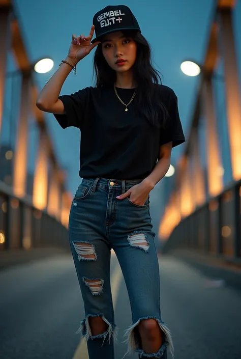  Beautiful Korean woman wearing black t-shirt image of ferocious cat,  ripped jeans , hip hop hat inscribed Gembel Elit , vans brand sneakers stand full body with middle finger style holding the edge of the hat facing the camera ,  corner background of cit...